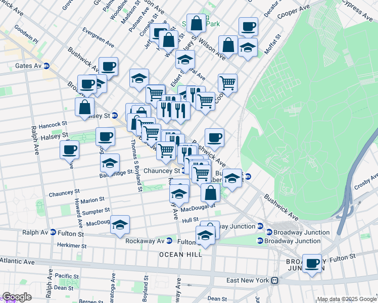 map of restaurants, bars, coffee shops, grocery stores, and more near 1408 Bushwick Avenue in Brooklyn