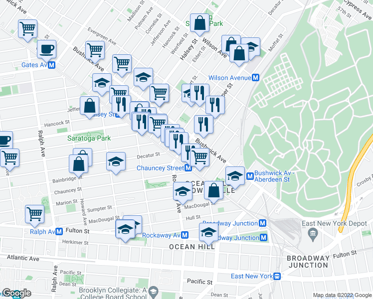 map of restaurants, bars, coffee shops, grocery stores, and more near 35 Cooper Street in Brooklyn