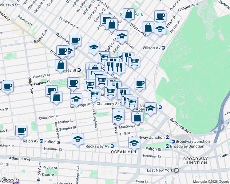map of restaurants, bars, coffee shops, grocery stores, and more near 35 Cooper Street in Brooklyn