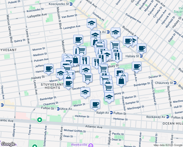 map of restaurants, bars, coffee shops, grocery stores, and more near 734 Halsey Street in Brooklyn