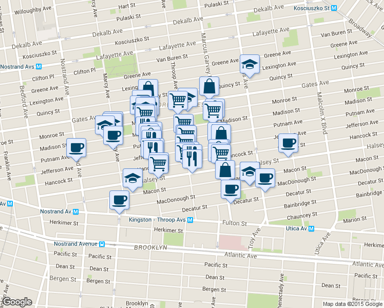 map of restaurants, bars, coffee shops, grocery stores, and more near 521 Throop Avenue in Brooklyn