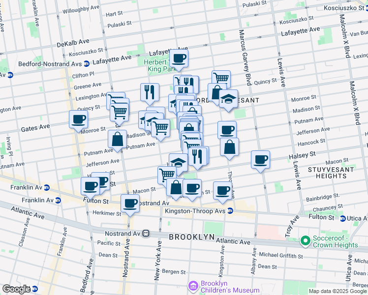 map of restaurants, bars, coffee shops, grocery stores, and more near 392 Putnam Avenue in Brooklyn