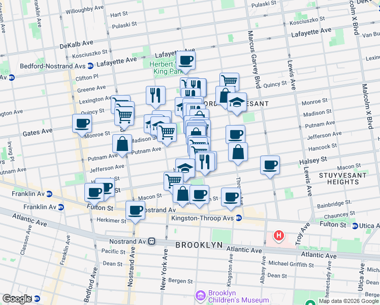 map of restaurants, bars, coffee shops, grocery stores, and more near 392 Putnam Avenue in Brooklyn