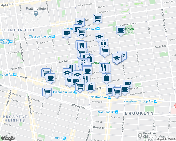 map of restaurants, bars, coffee shops, grocery stores, and more near 149 Madison Street in Brooklyn