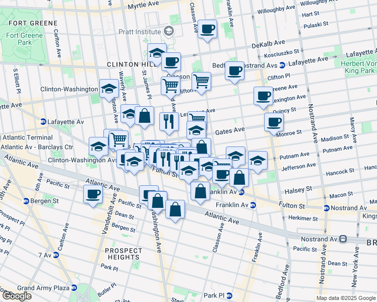 map of restaurants, bars, coffee shops, grocery stores, and more near 377 Grand Avenue in Brooklyn