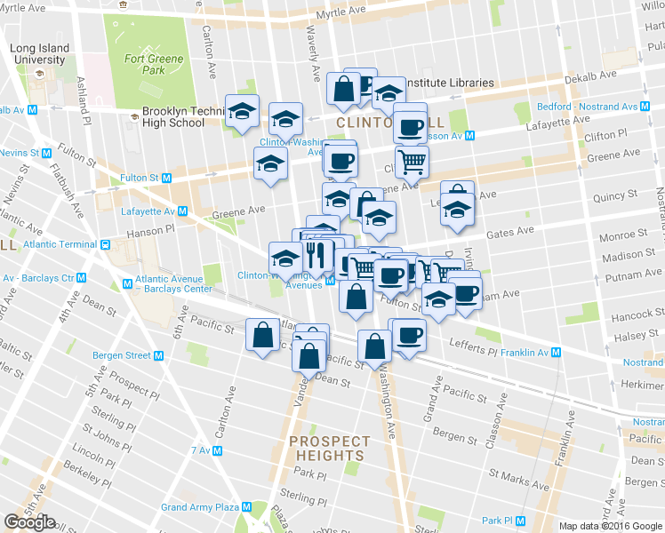 map of restaurants, bars, coffee shops, grocery stores, and more near 57 Gates Avenue in Brooklyn