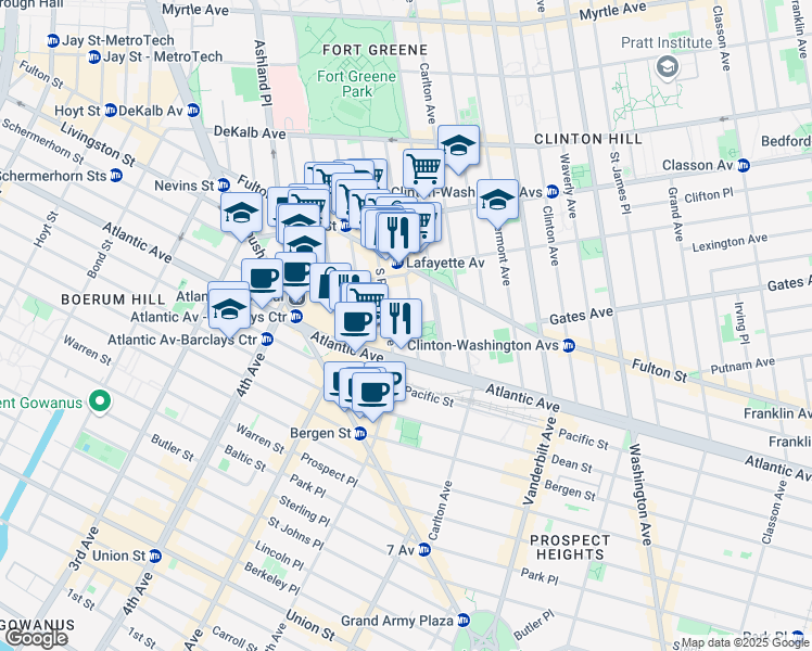 map of restaurants, bars, coffee shops, grocery stores, and more near 171 South Portland Avenue in Brooklyn