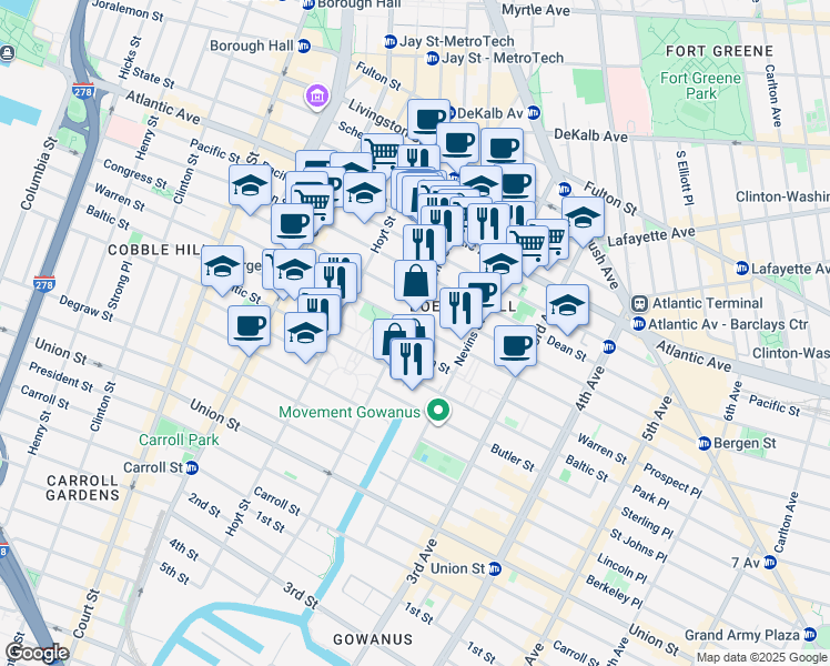 map of restaurants, bars, coffee shops, grocery stores, and more near 163 Bond Street in Brooklyn