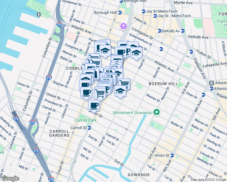 map of restaurants, bars, coffee shops, grocery stores, and more near 217A Smith Street in Brooklyn