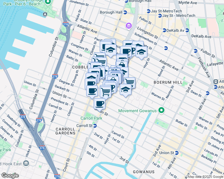 map of restaurants, bars, coffee shops, grocery stores, and more near 217A Smith Street in Brooklyn