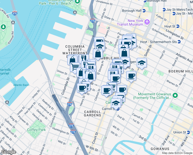 map of restaurants, bars, coffee shops, grocery stores, and more near 236 Degraw Street in Brooklyn