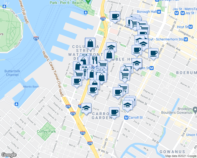 map of restaurants, bars, coffee shops, grocery stores, and more near 492 Henry Street in Brooklyn
