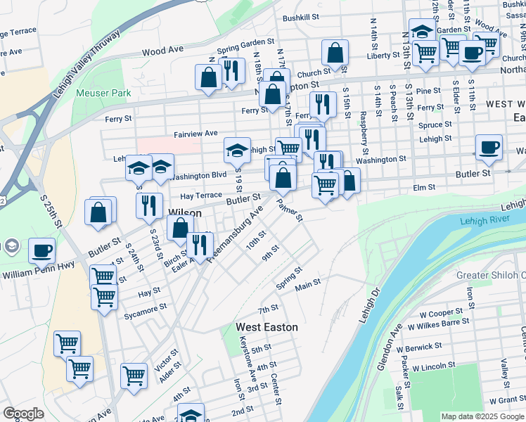 map of restaurants, bars, coffee shops, grocery stores, and more near 1800 Butler Street in Easton