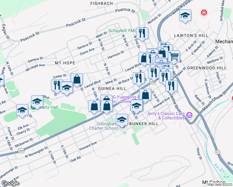 map of restaurants, bars, coffee shops, grocery stores, and more near 222 North 7th Street in Pottsville
