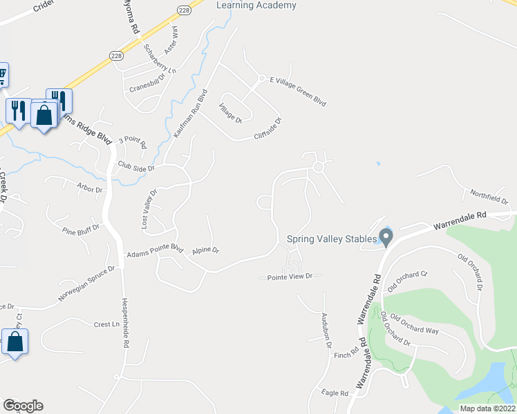 map of restaurants, bars, coffee shops, grocery stores, and more near 212 Adams Pointe Boulevard in Mars