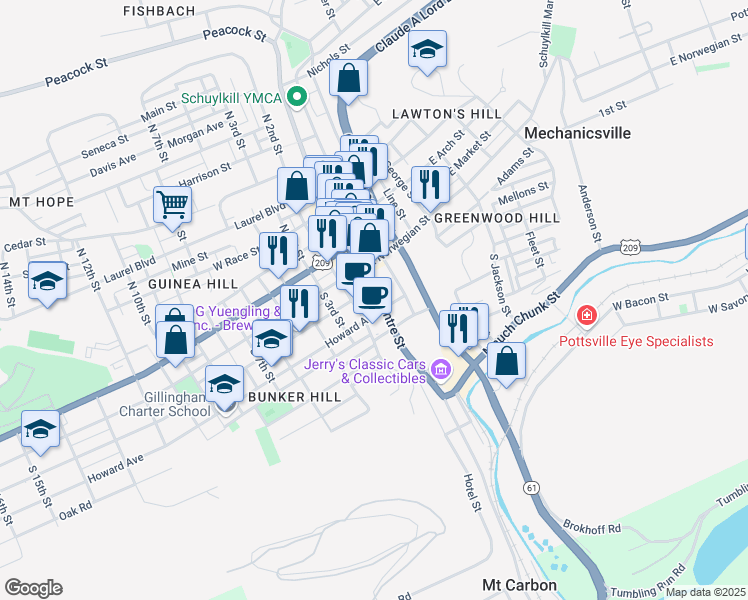 map of restaurants, bars, coffee shops, grocery stores, and more near 100 South Centre Street in Pottsville