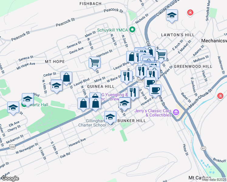 map of restaurants, bars, coffee shops, grocery stores, and more near 611 West Arch Street in Pottsville