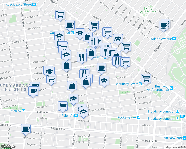 map of restaurants, bars, coffee shops, grocery stores, and more near 689 MacDonough Street in Brooklyn