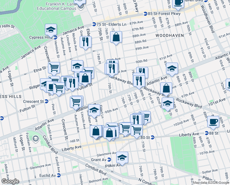 map of restaurants, bars, coffee shops, grocery stores, and more near 92-51 75th Street in Queens