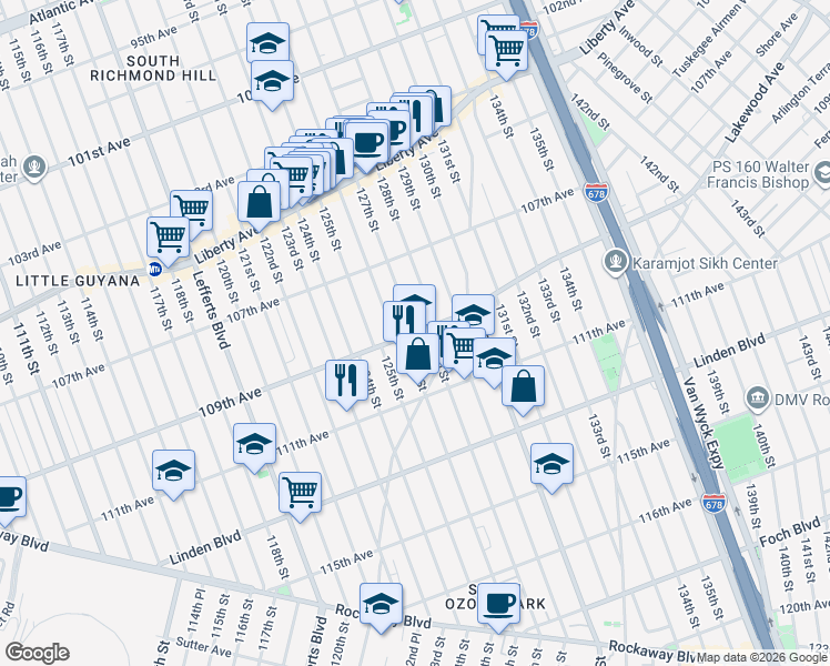 map of restaurants, bars, coffee shops, grocery stores, and more near 126-09 109th Avenue in Queens