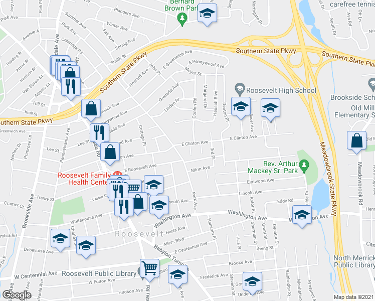 map of restaurants, bars, coffee shops, grocery stores, and more near 5 1st Place in Roosevelt