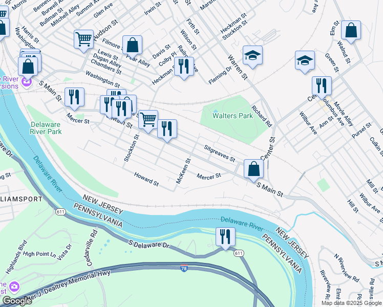 map of restaurants, bars, coffee shops, grocery stores, and more near 101 McKeen Street in Phillipsburg