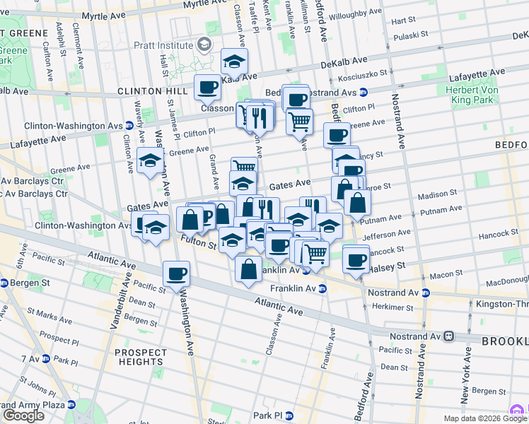 map of restaurants, bars, coffee shops, grocery stores, and more near 3 Monroe Street in Brooklyn