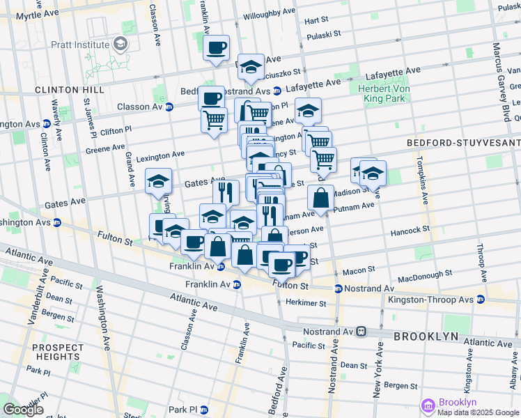 map of restaurants, bars, coffee shops, grocery stores, and more near 122 Madison Street in Brooklyn