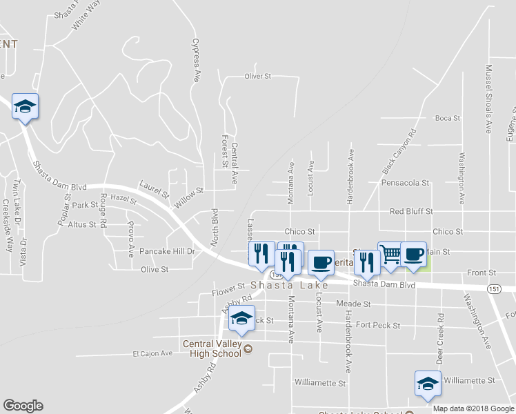 map of restaurants, bars, coffee shops, grocery stores, and more near 4121 Red Bluff Avenue in Shasta Lake