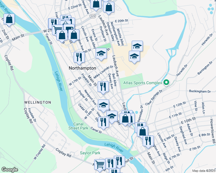 map of restaurants, bars, coffee shops, grocery stores, and more near 1459 Washington Avenue in Northampton