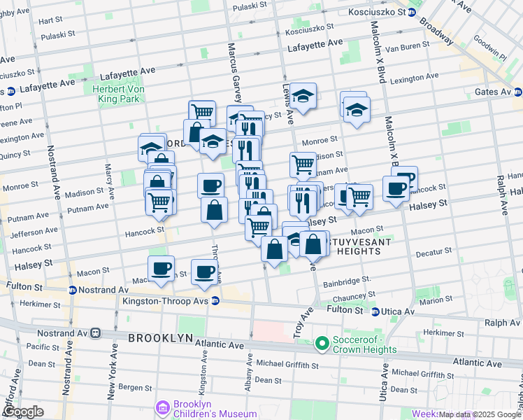 map of restaurants, bars, coffee shops, grocery stores, and more near 445 Hancock Street in Brooklyn