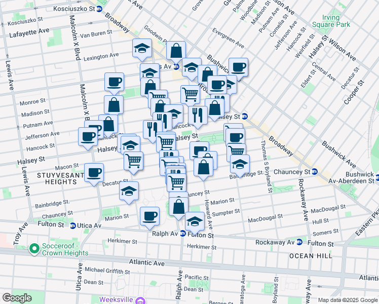 map of restaurants, bars, coffee shops, grocery stores, and more near 749 Macon Street in Brooklyn
