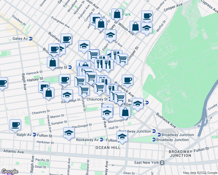 map of restaurants, bars, coffee shops, grocery stores, and more near 30 Cooper Street in Brooklyn