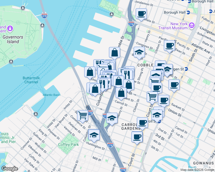 map of restaurants, bars, coffee shops, grocery stores, and more near 221 Columbia Street in Brooklyn