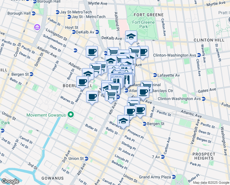 map of restaurants, bars, coffee shops, grocery stores, and more near 125 Flatbush Avenue in Brooklyn