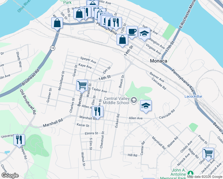 map of restaurants, bars, coffee shops, grocery stores, and more near 1026 Grove Street in Monaca