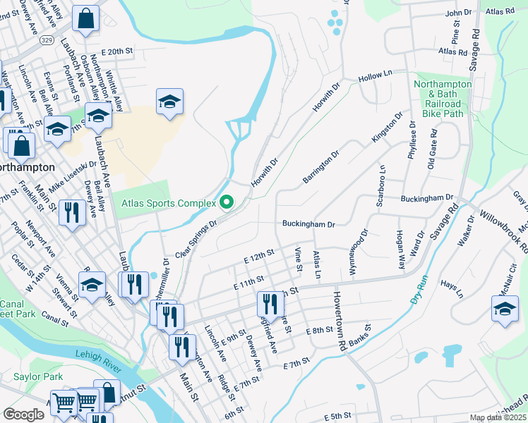 map of restaurants, bars, coffee shops, grocery stores, and more near 1212 Northampton Avenue in Northampton