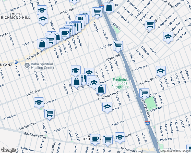 map of restaurants, bars, coffee shops, grocery stores, and more near 109-27 131st Street in Queens