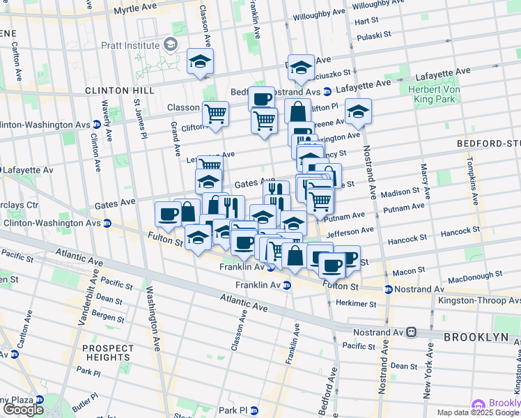 map of restaurants, bars, coffee shops, grocery stores, and more near 44 Monroe Street in Brooklyn
