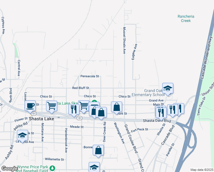map of restaurants, bars, coffee shops, grocery stores, and more near 4737 Red Bluff Street in Shasta Lake