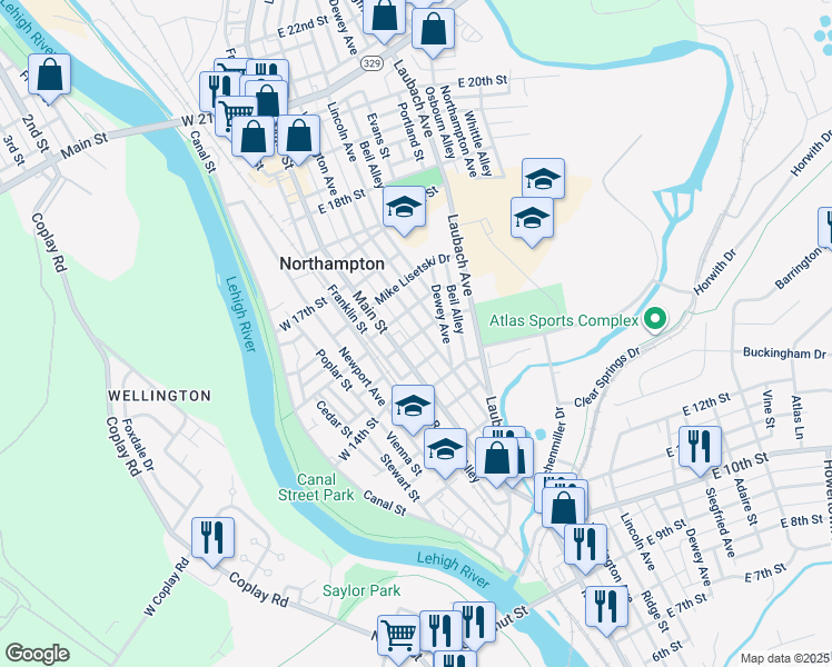 map of restaurants, bars, coffee shops, grocery stores, and more near 1502 Washington Avenue in Northampton
