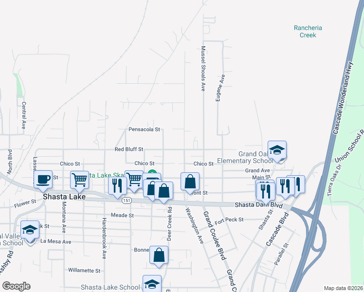 map of restaurants, bars, coffee shops, grocery stores, and more near 4767 Red Bluff Avenue in Shasta Lake