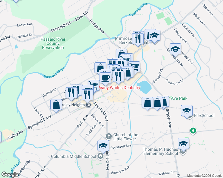map of restaurants, bars, coffee shops, grocery stores, and more near 438 Springfield Avenue in Berkeley Heights