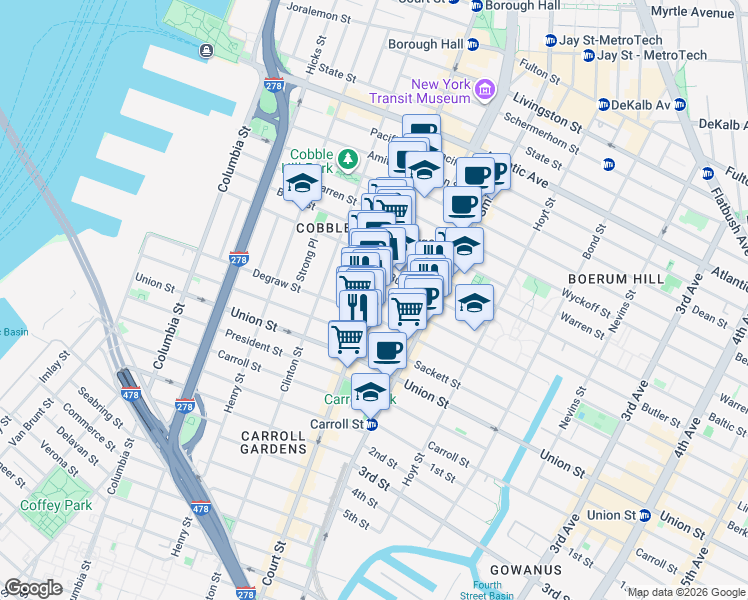 map of restaurants, bars, coffee shops, grocery stores, and more near 285 Court Street in Brooklyn