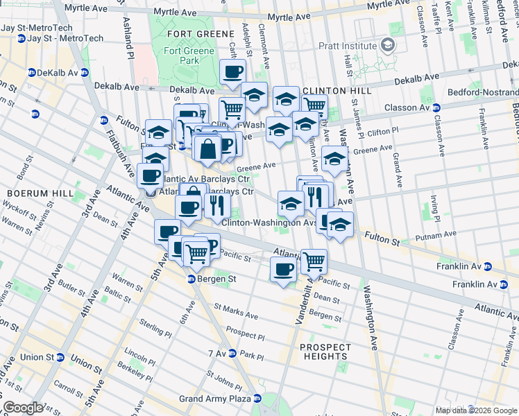 map of restaurants, bars, coffee shops, grocery stores, and more near 455 Carlton Avenue in Brooklyn