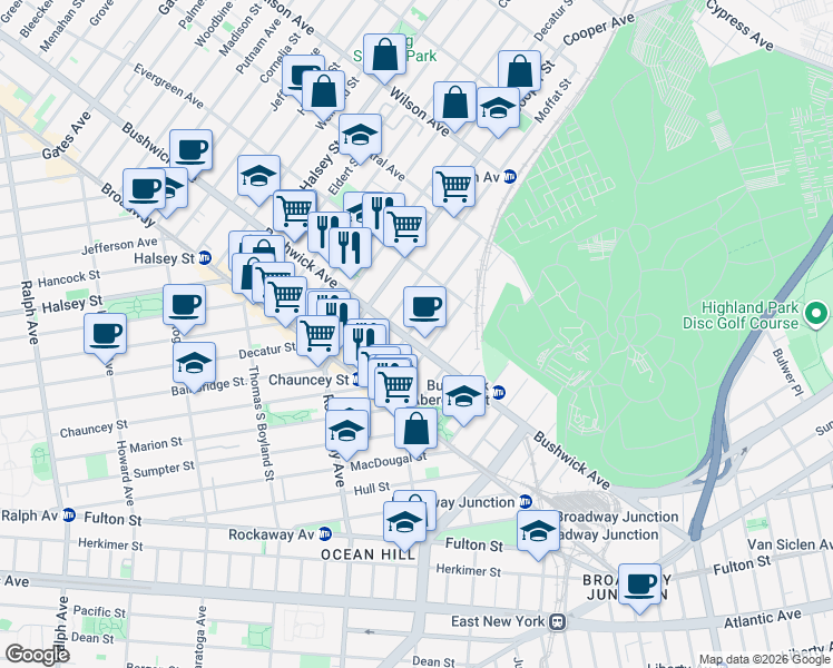 map of restaurants, bars, coffee shops, grocery stores, and more near 1441 Bushwick Avenue in Brooklyn