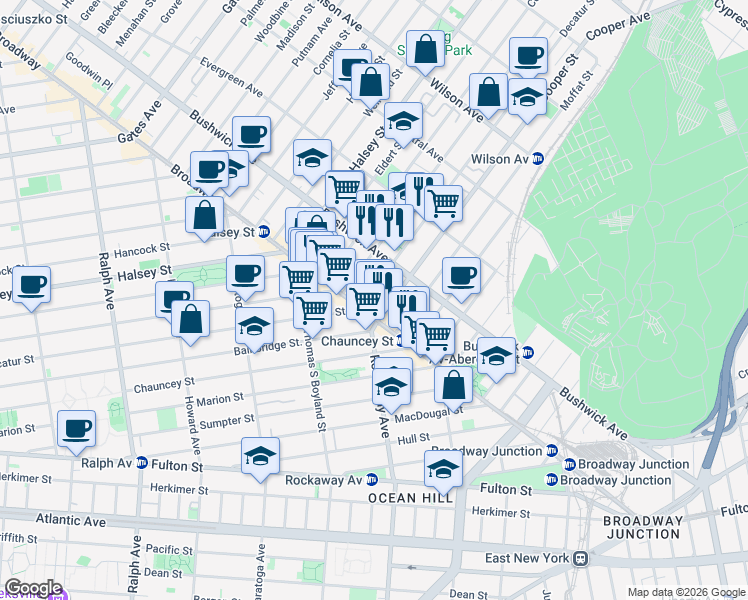 map of restaurants, bars, coffee shops, grocery stores, and more near 35 Cooper Street in Brooklyn