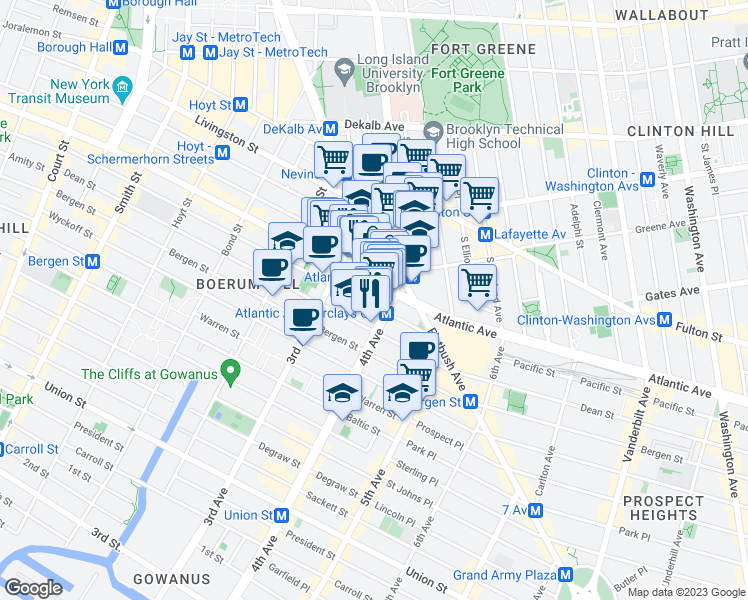 map of restaurants, bars, coffee shops, grocery stores, and more near 545 Atlantic Avenue in Brooklyn