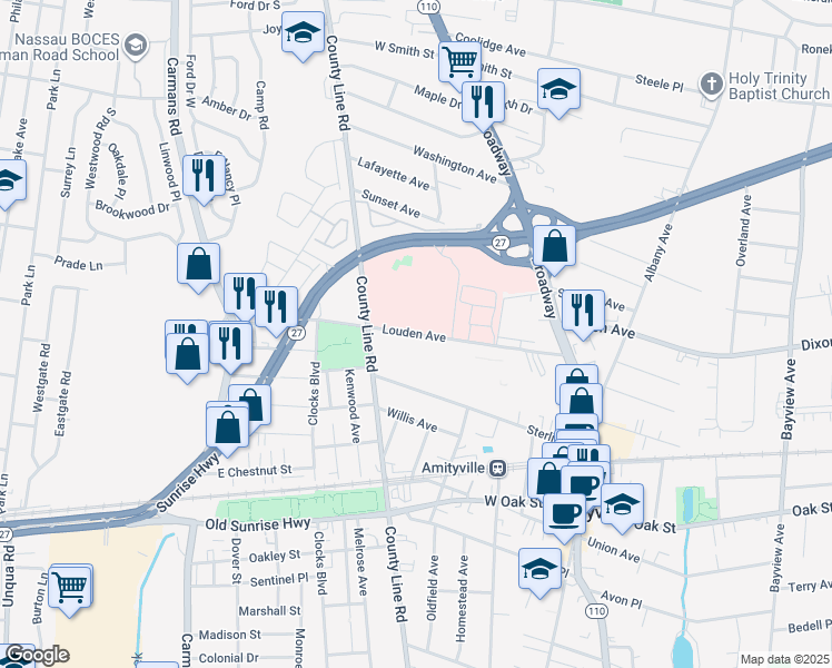 map of restaurants, bars, coffee shops, grocery stores, and more near 81-133 Louden Avenue in Amityville