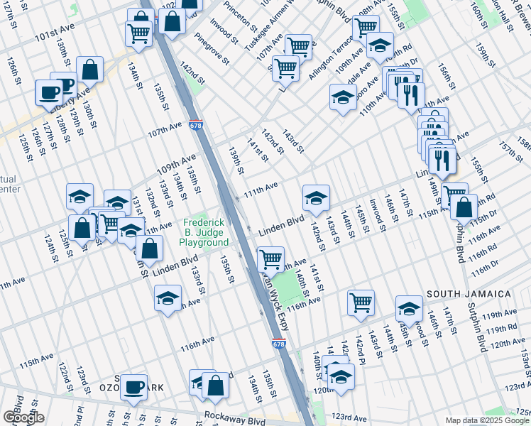 map of restaurants, bars, coffee shops, grocery stores, and more near 111-23 139th Street in Queens